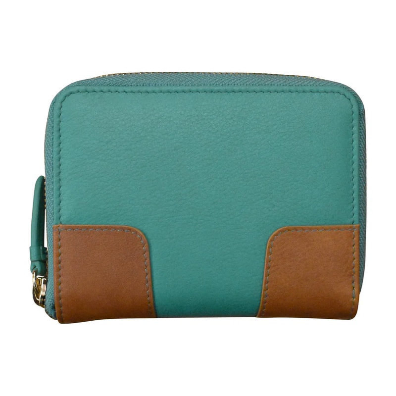 ILI New York RFID Leather Corner Detail Small Zip Wallet - Turquoise/Saddle