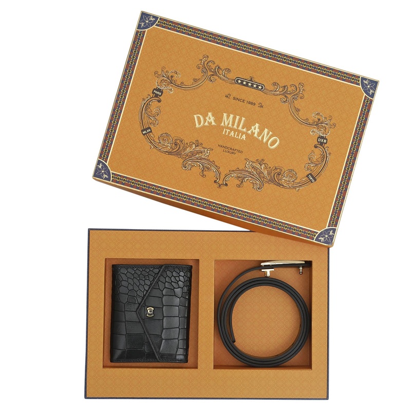 Black Plain Croco Ladies Wallet & Belt Gift Set