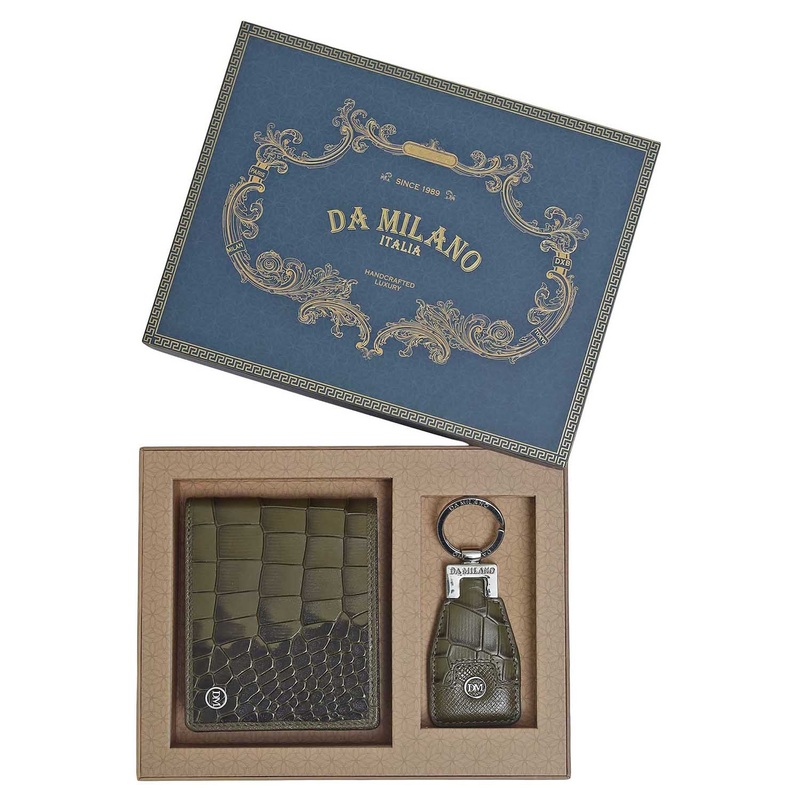 Military Green Croco Leather Mens Wallet & Keychain Gift Set