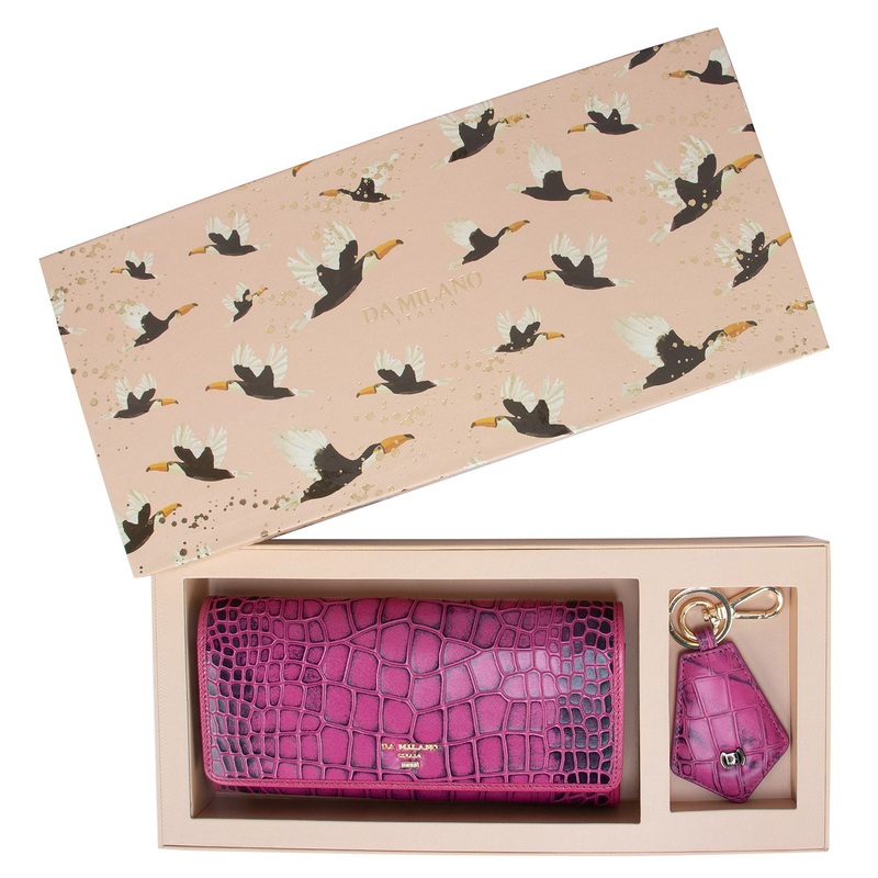 Pink Croco Textured Ladies Wallet & Key Chain Gift Set