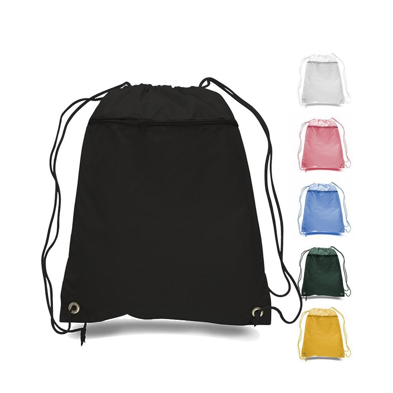 12 ct Promotional Polyester Drawstring Bags with Front Pocket - By Dozen
