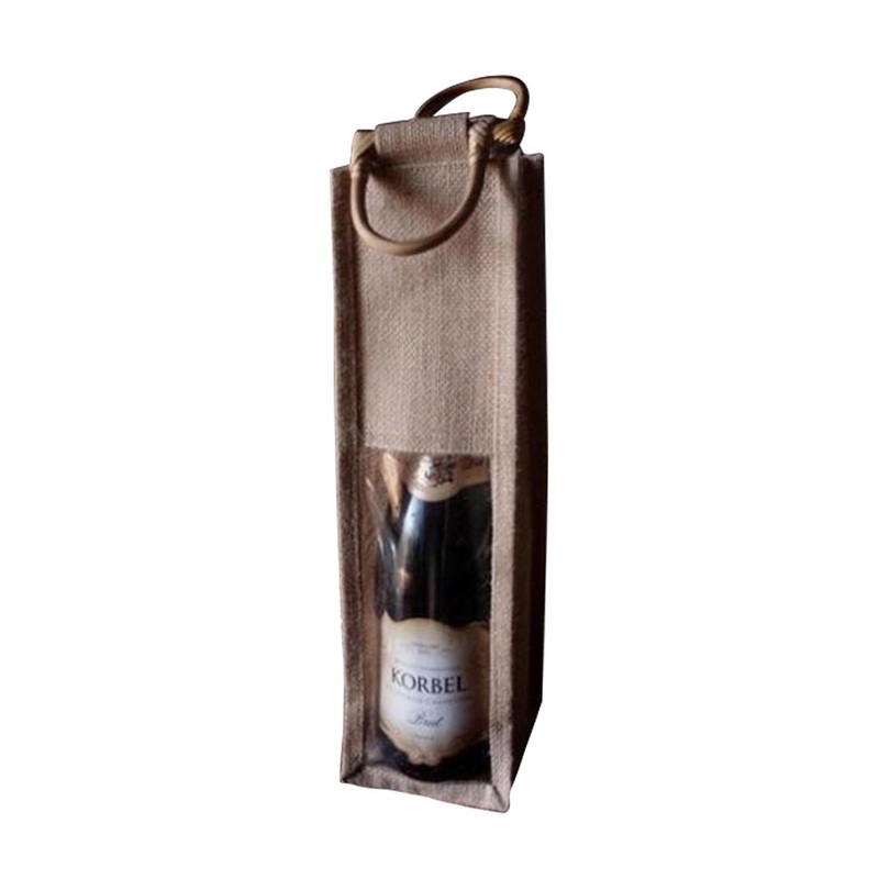 5 ct Single Bottle Burlap Gift Wine Bags with Wooden Handles & PVC Window - Pack of 5