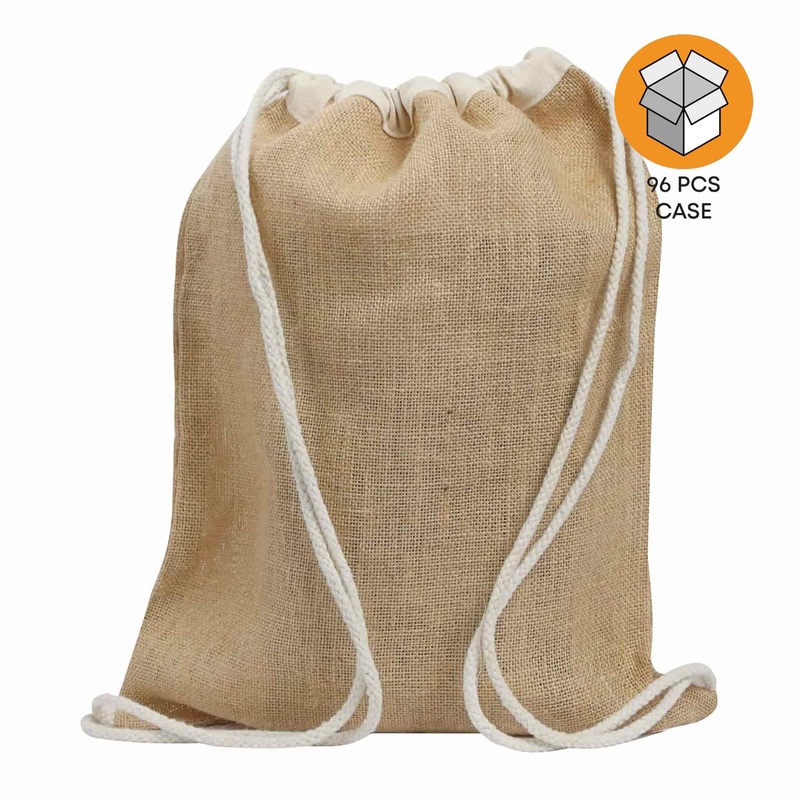 96 ct Jute Drawstring Bags / Natural Burlap Backpacks - By Case