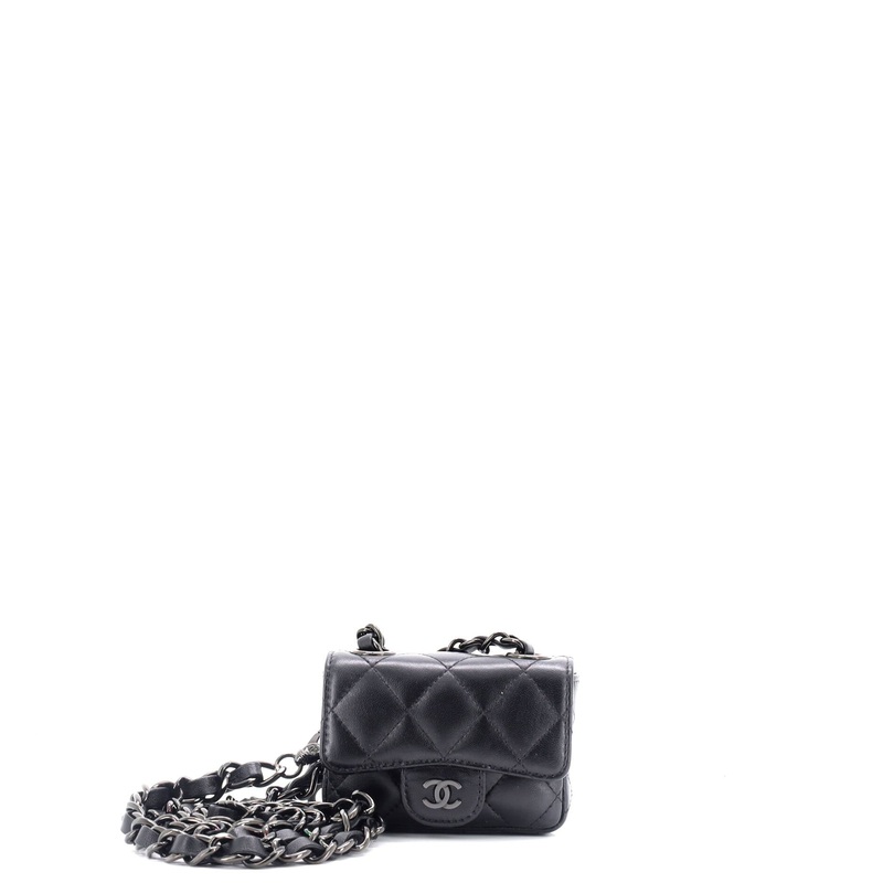 So Black Classic Flap Charm Chain Belt Bag Quilted Lambskin Mini