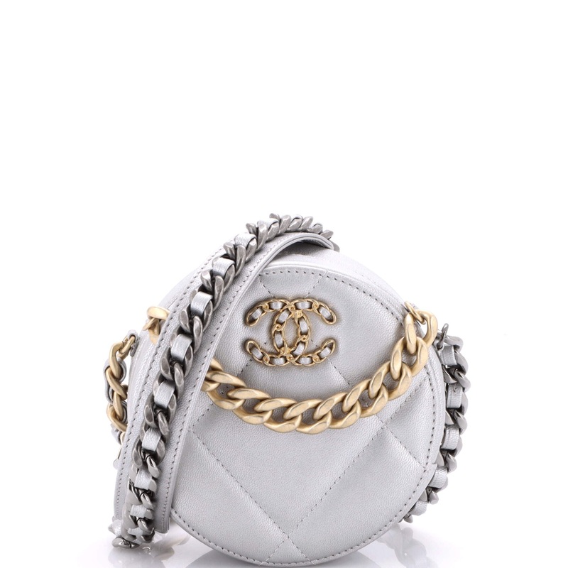 19 Round Clutch with Chain Quilted Leather