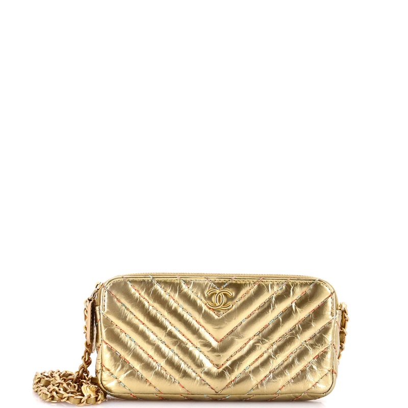 Beetle Charm Double Zip Clutch with Chain Chevron Crumpled Metallic Patent