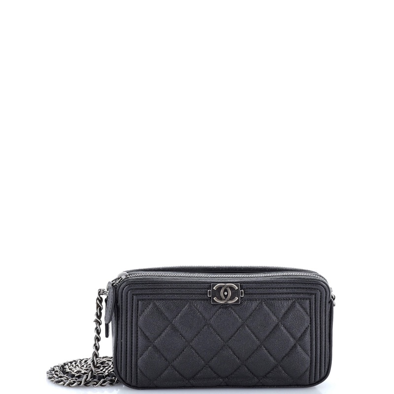 Boy Double Zip Clutch with Chain Quilted Caviar
