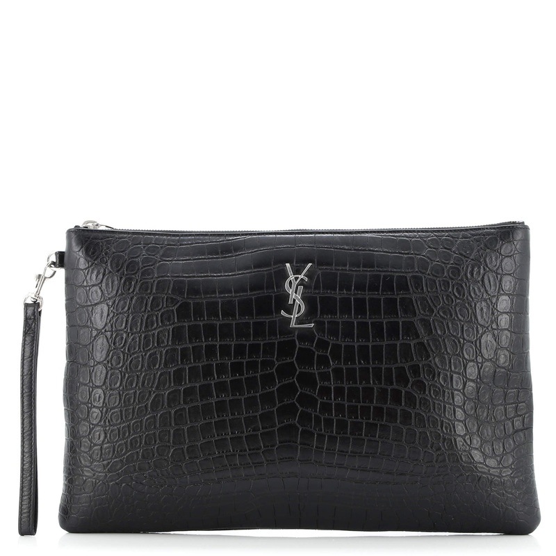 Classic Monogram Tablet Wristlet Pouch Crocodile Embossed Leather