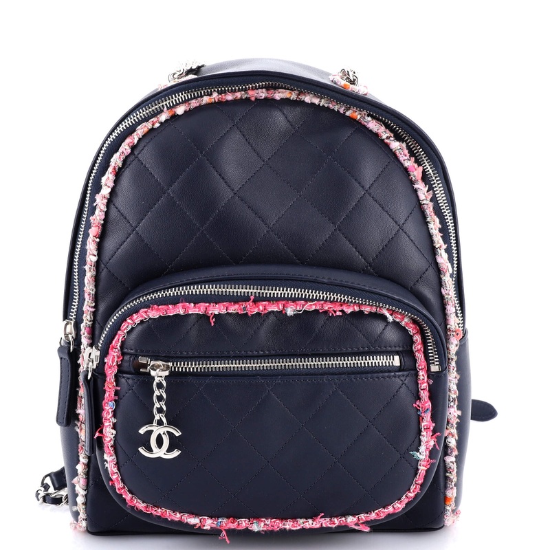 Elegant Trim Backpack Quilted Leather with Tweed Small