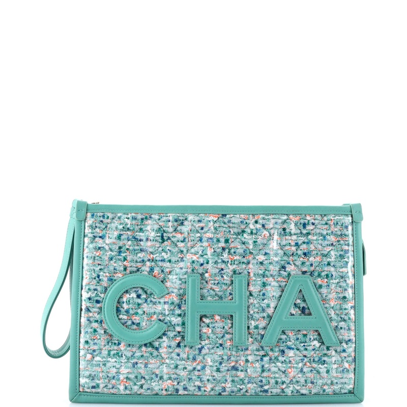 Logo Wristlet Clutch PVC Over Quilted Tweed Large