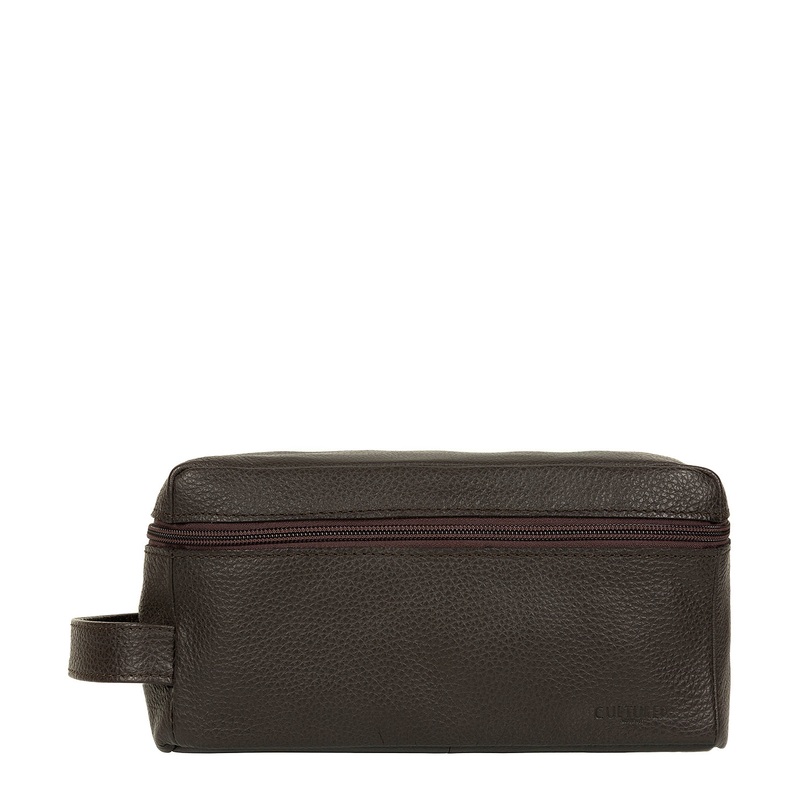'Flip' Dark Brown Leather Washbag