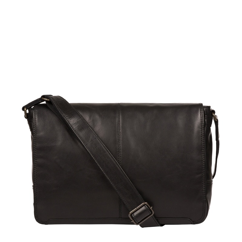 'Leao' Black Leather Messenger Bag