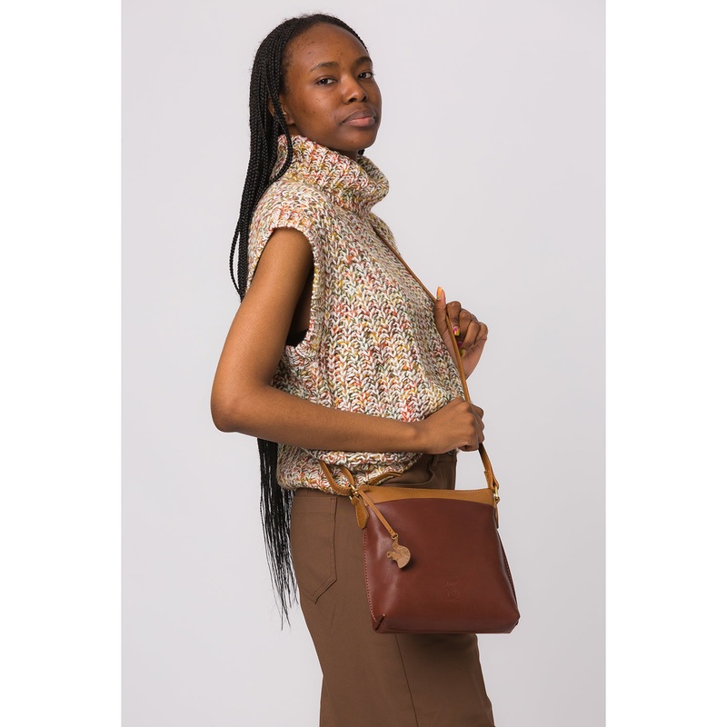 'Nikita' Conker Brown & Dark Tan Leather Cross Body Bag
