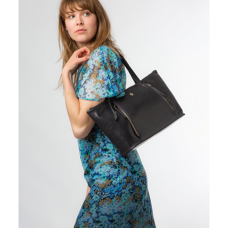 'Clover' Navy Leather Tote Bag