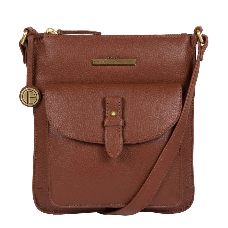'Kaede' Dark Tan Quality Leather Cross-Body Bag