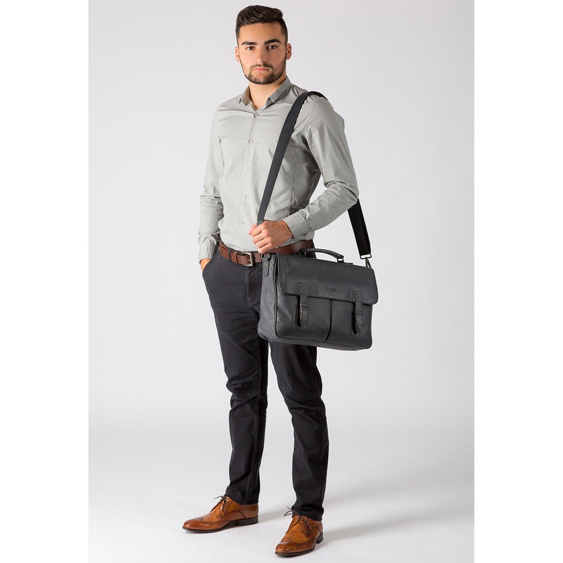 Task' Cool Grey Leather 14-Inch Laptop Briefcase