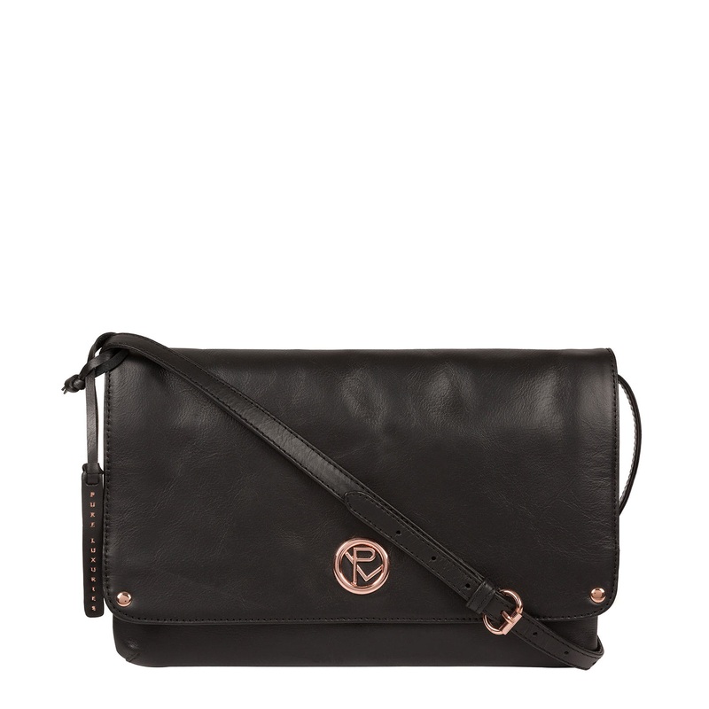 'Ermes' Black Leather Cross Body Clutch Bag