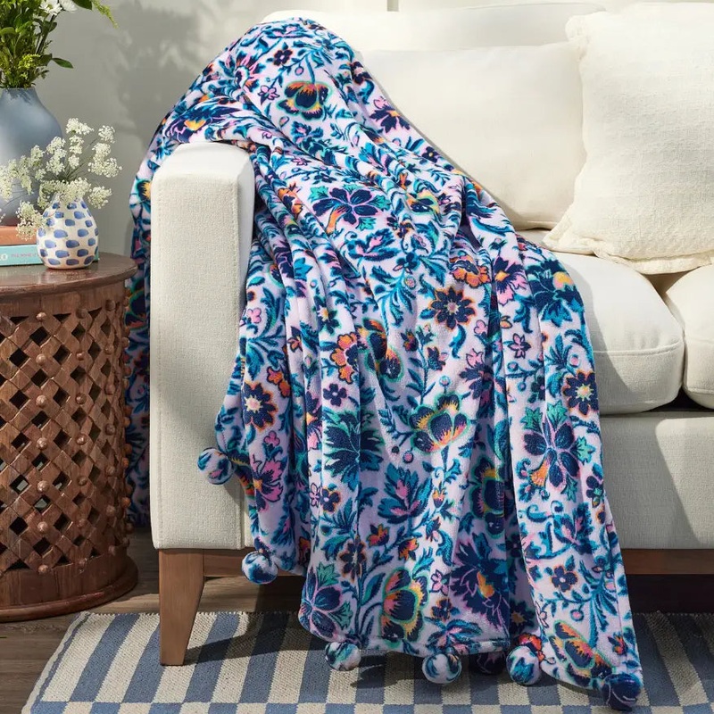 Plush Throw Blanket with Pom-Poms - Cloud Vine Multi