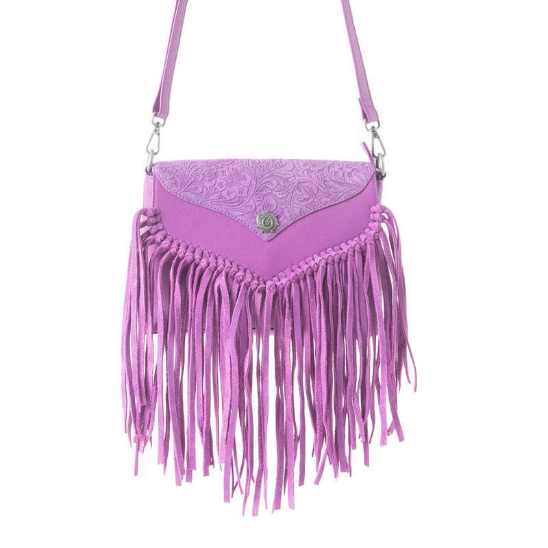 Wild West Fringe Leather Crossbody Bag in Purple