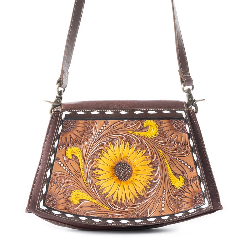 Showy Sunflower Trapezoid  Hand-Tooled  Bag