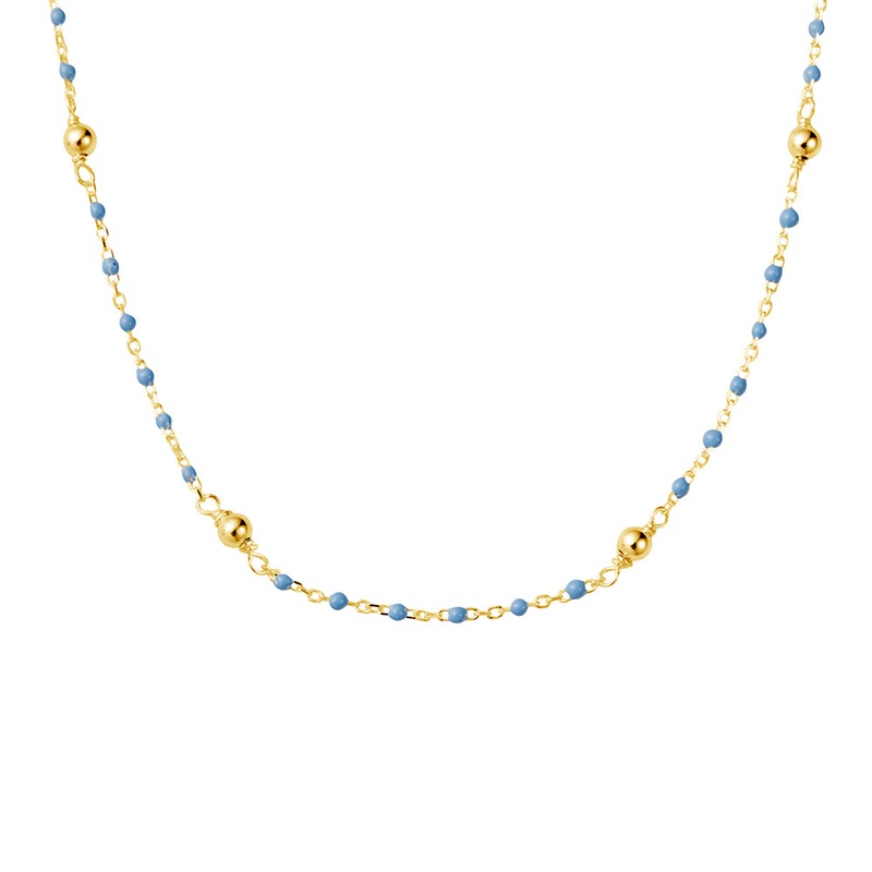 Mocha DPI Ss Ball Chain Necklace Plated w/ Light Blue Beads - Gold