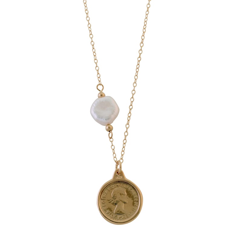Von Treskow Belcher Chain Necklace w/ Keshi Pearl & Threepence - Gold
