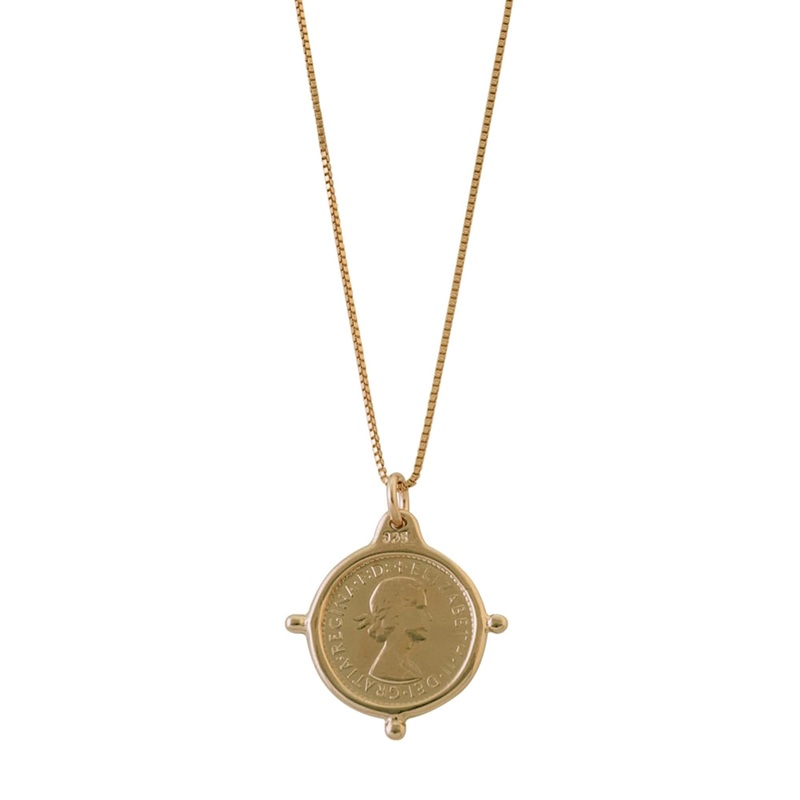Von Treskow Fine Box Chain Necklace w/ Compass Frame Threepence - Gold