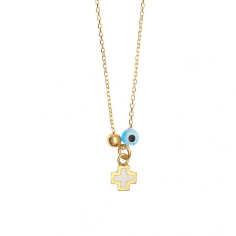 Gregio Necklace w/ White Enamel Cross- Gold