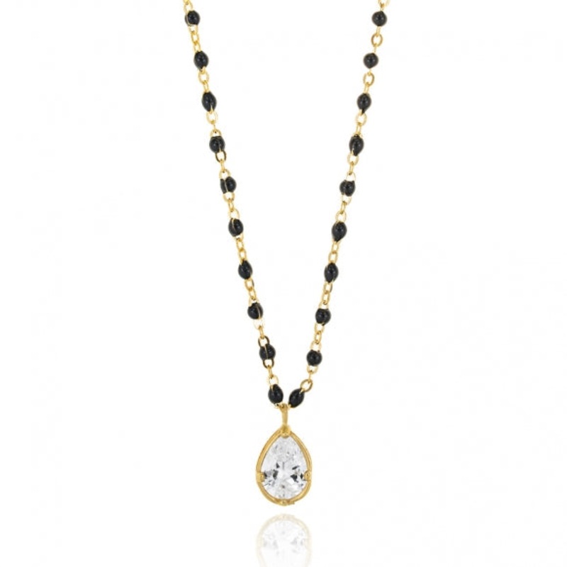 Gregio Simply Me/Tiny Shiny Single Chain Necklace w/ Black Enamel Beads & Cz Pendant- Gold