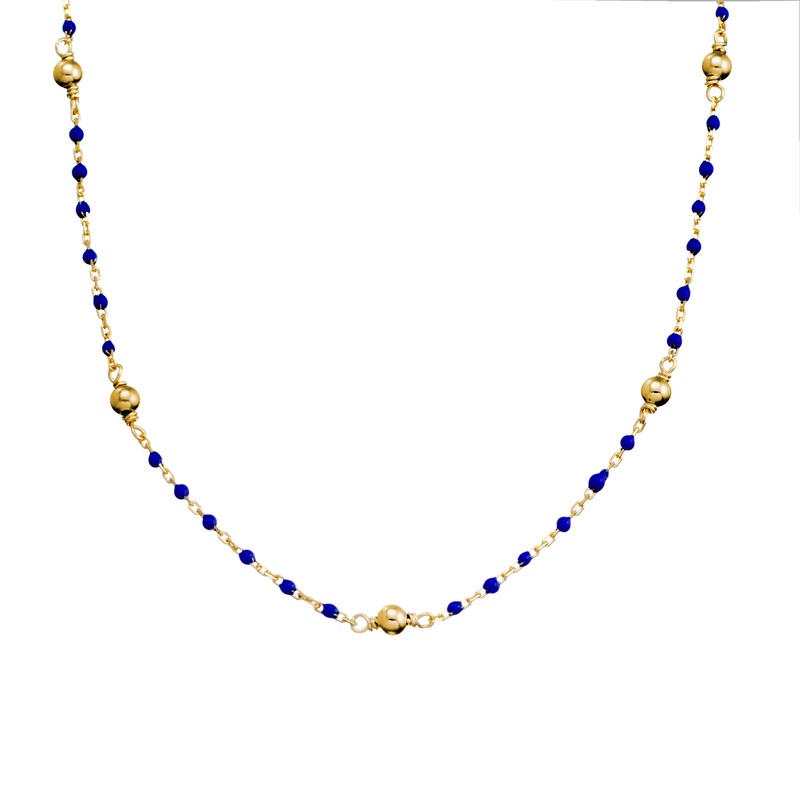 Mocha DPI Ss Ball Chain Necklace Plated w/ Blue Beads - Gold