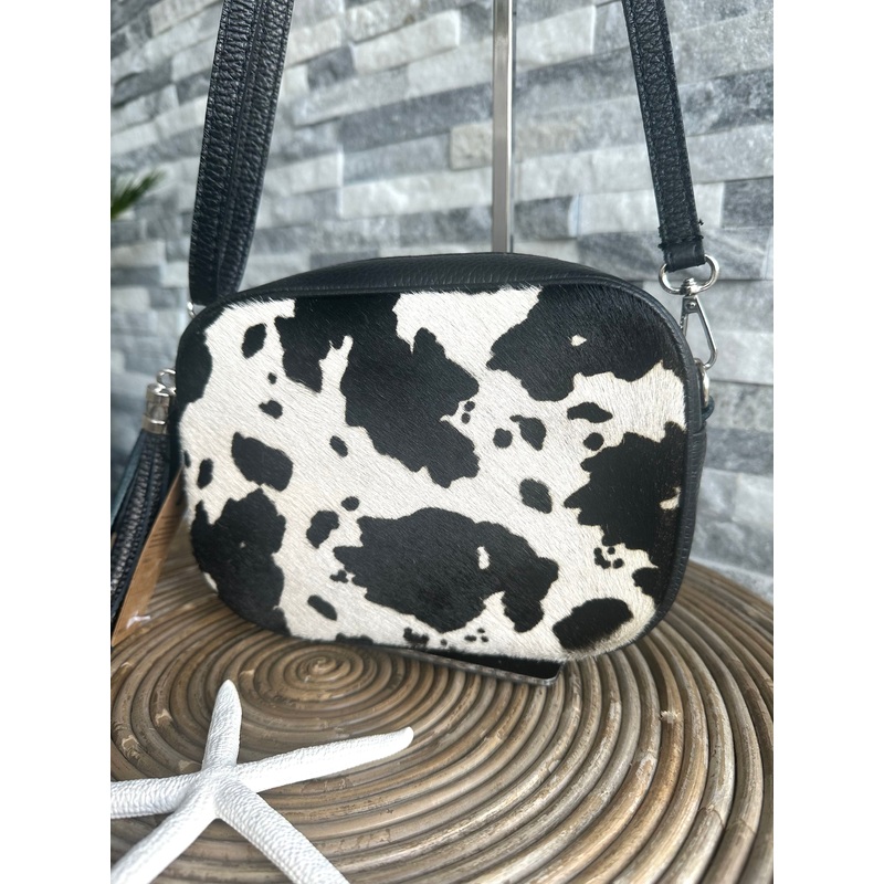 Black Genuine Italian Leather Cow Print Camera Bag , Crossbody.