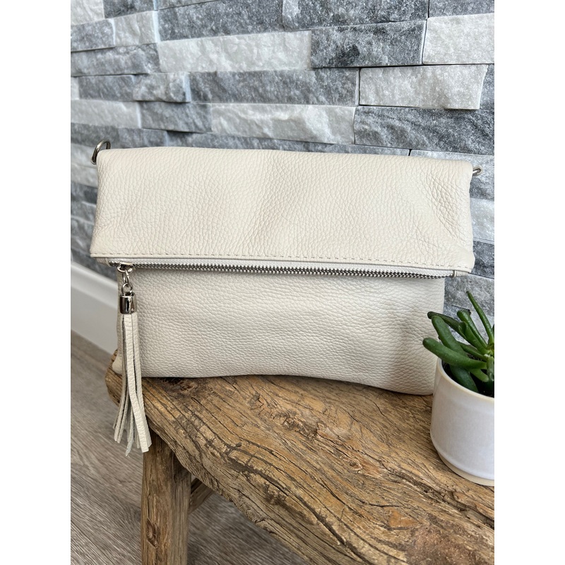 Cream Fold Over Italian Leather Clutch Bag