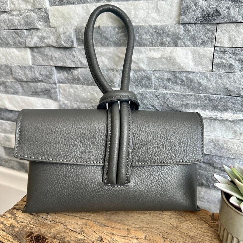 Dark Grey Italian Leather Clutch Bag , Evening Bag with Loop Handle