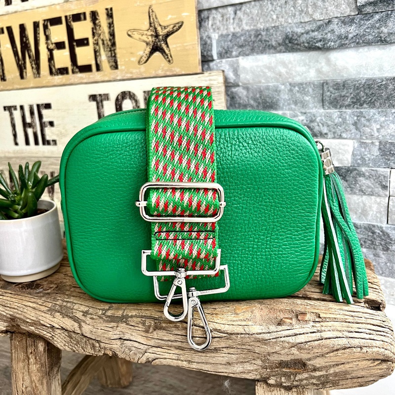 Emerald Green Italian leather camera style crossbody bag with wide strap combo