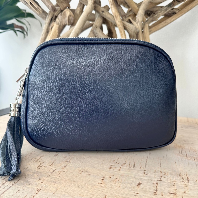 Navy Blue Italian Leather Crossbody Camera Bag / Handbag with Triple Zip