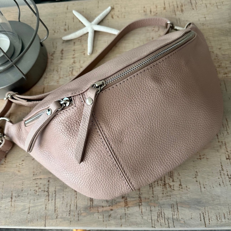 Nude Pale Pink Large Italian Leather Sling Bag / Chest Bag.