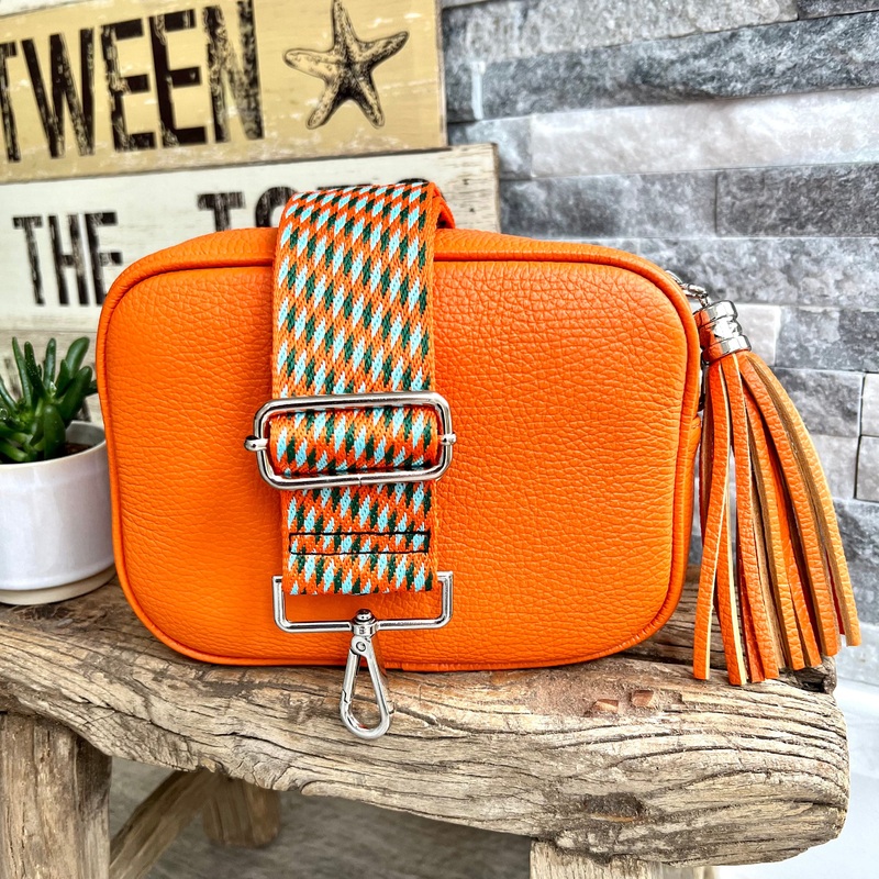 Orange Italian leather camera style crossbody bag with wide strap combo