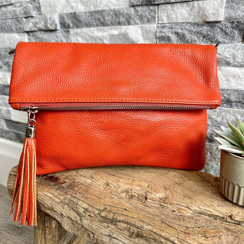 Orange Italian Leather Clutch Bag