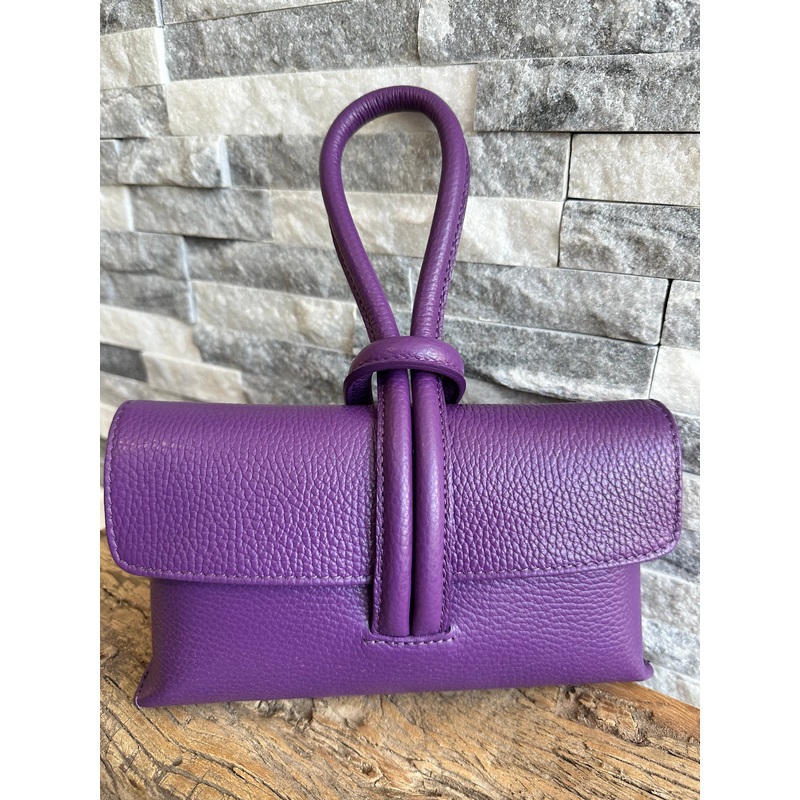 Purple Italian Leather Clutch Bag, Evening Bag with Loop Handle.