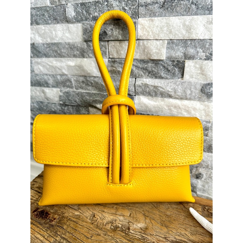 Sunshine Yellow Italian Leather Clutch Bag, Evening Bag with Loop Handle