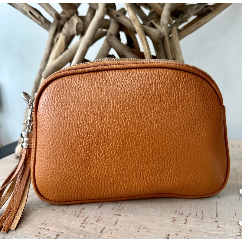 Tan Italian Leather Crossbody Camera Bag / Handbag with Triple Zip