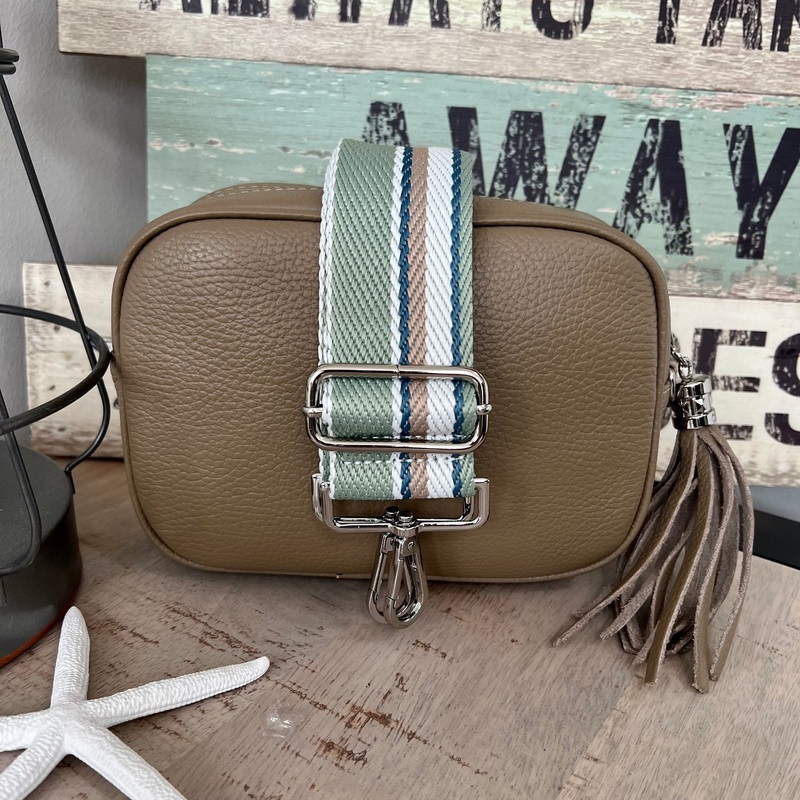 Taupe Italian leather camera style crossbody bag with wide strap combo