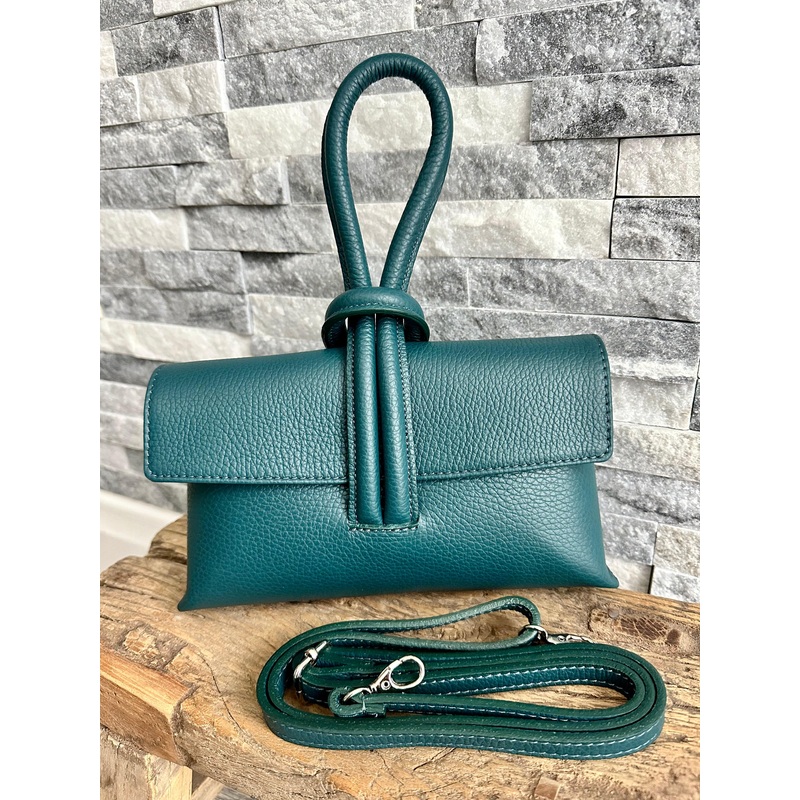 Teal Italian Leather Clutch Bag, Evening Bag with Loop Handle