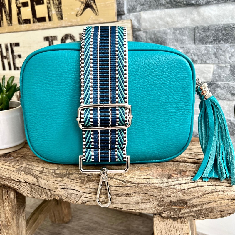 Turquoise Italian leather camera style crossbody bag with wide strap combo