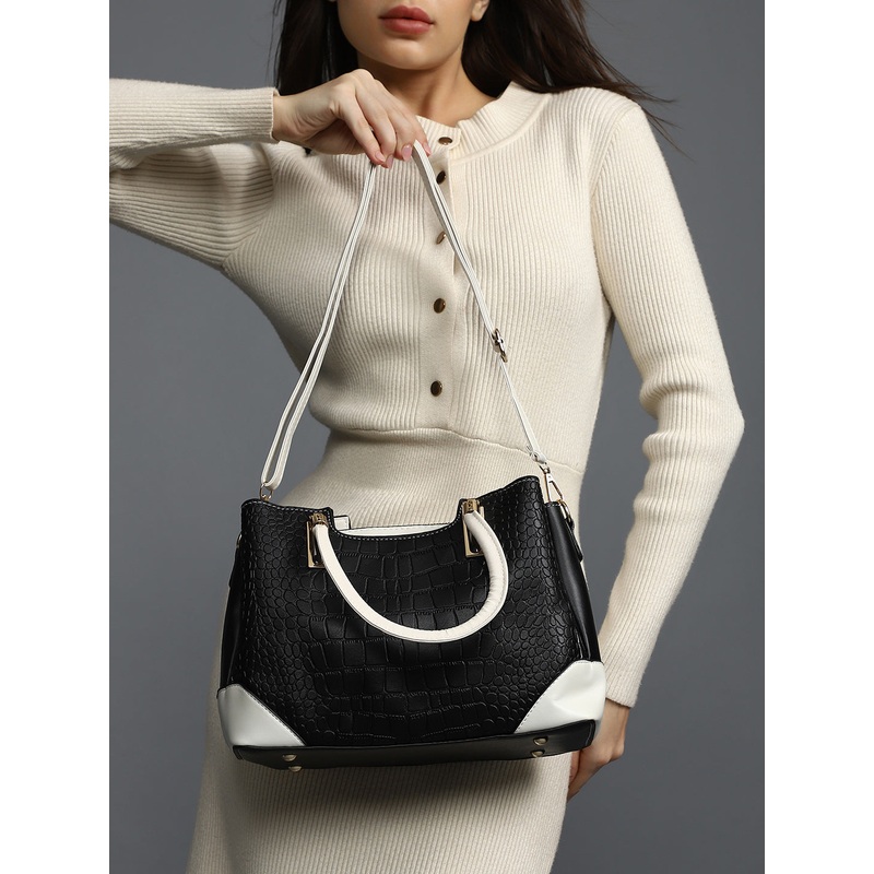 Black Colourblocked Vegan Leather Handbag