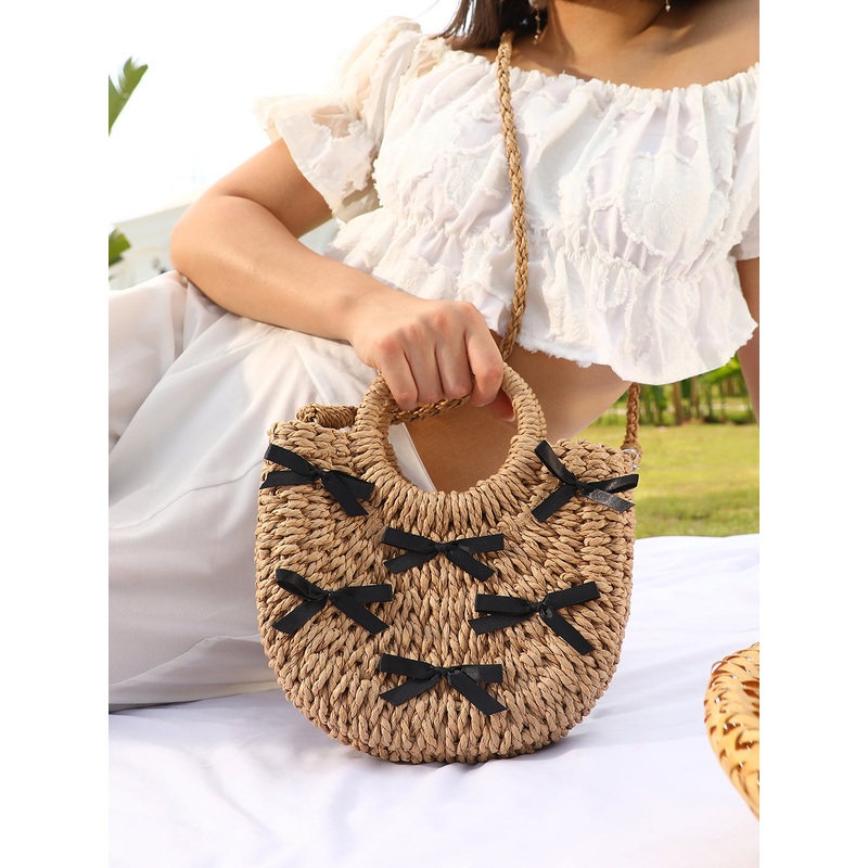 The Bow-Straw Hand Bag - Tan Brown