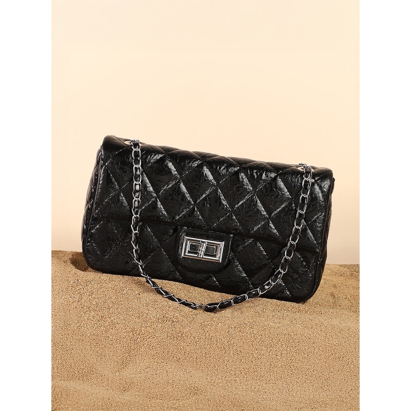 The Quilted-Chainlink Sling Bag - Onyx Black