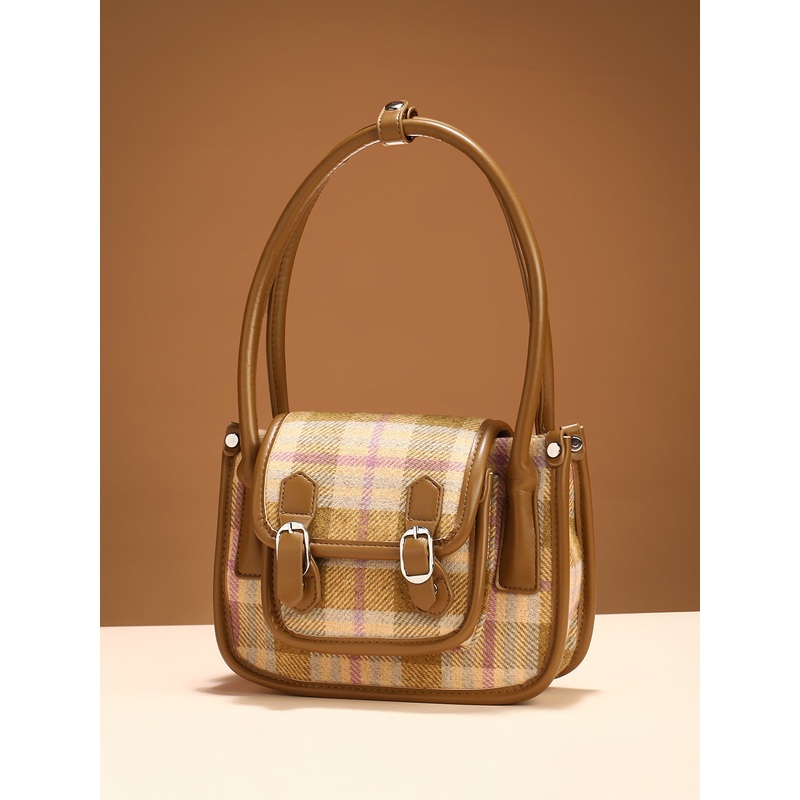 The Tartan Shoulder Bag - Tan Brown & Yellow Ochre