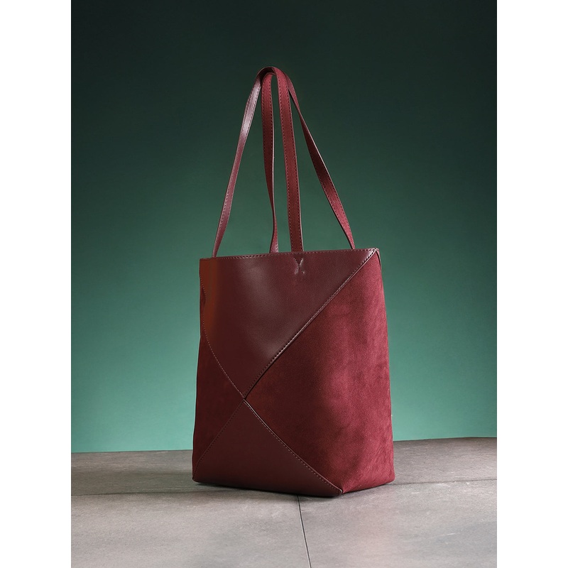 The Veloure Tote Bag With Pouch - Burgundy Red