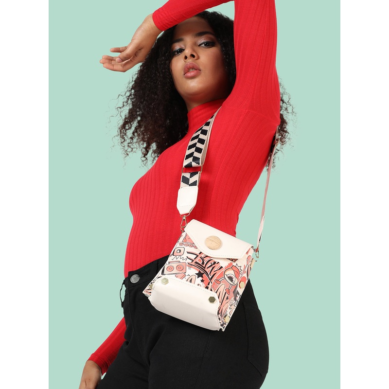 White Printed Vegan Leather Sling Bag
